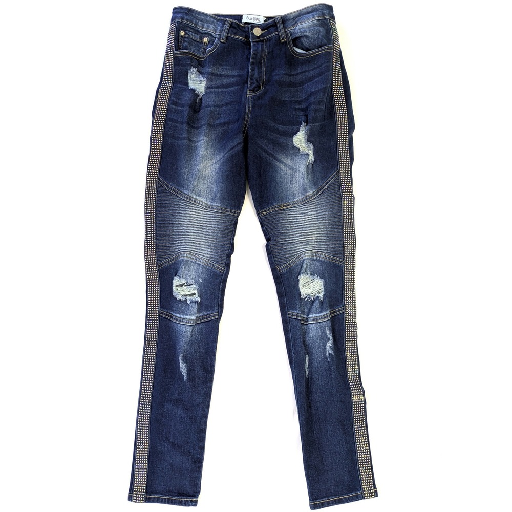 Blue Topic Distressed Moto Jeans 29 Rhinestone Side Stripe Dark Wash Skinny 7/8